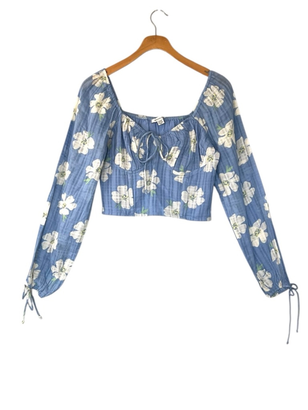 American Eagle Floral Cotton Corset Long Sleeve Crop Top Size S Blue Spring